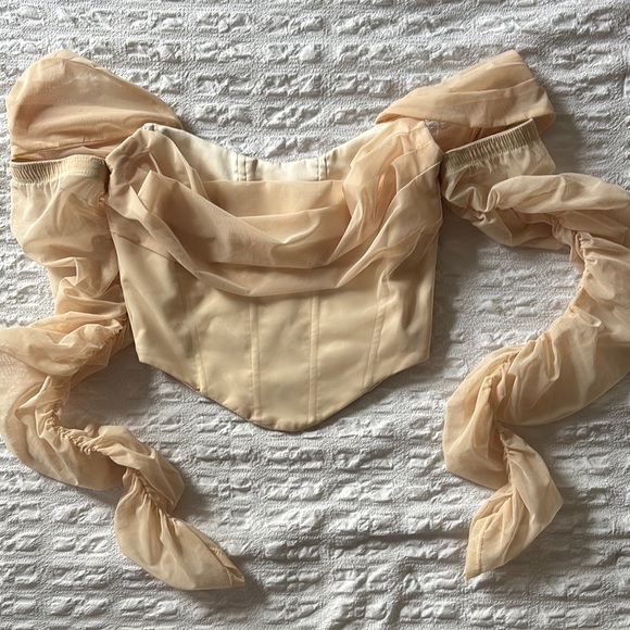 Oh Polly show it off mesh Bardot crop top in sand - Picture 3 of 10